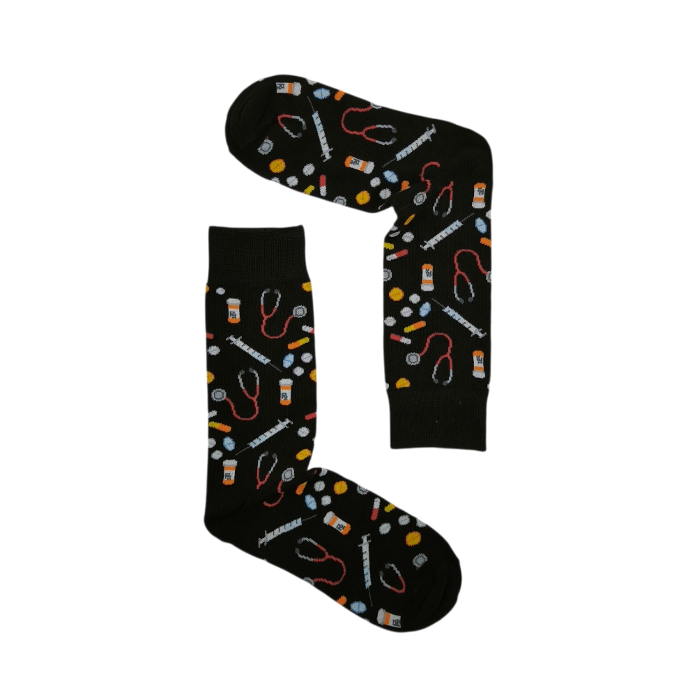 UN0276 – Κάλτσα ψηλή UNISEX – Medical Fun Μαύρες – Ιατρικό Σχέδιο