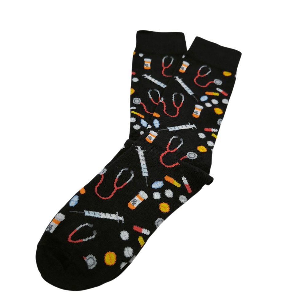 UN0276 – Κάλτσα ψηλή UNISEX – Medical Fun Μαύρες – Ιατρικό Σχέδιο - Image 2