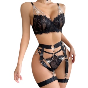 SX070 – Γυναικείο Σετ Εσωρούχων Μαύρο με Δαντέλα και Αλυσίδα